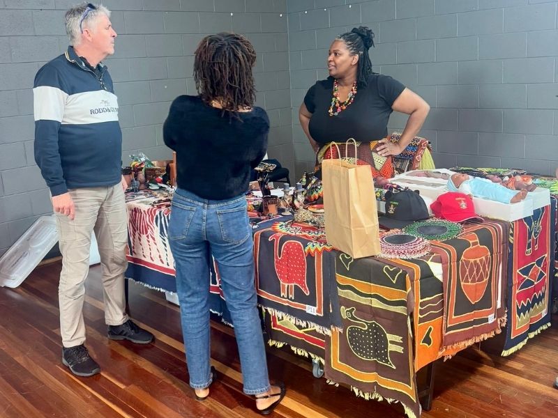 Elsie Porter selling crafts fundraising Zimbabwe